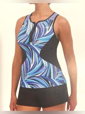 ZeroXposur XXL Zip-Front Athletic Tankini Top in Blue Swirl NWT